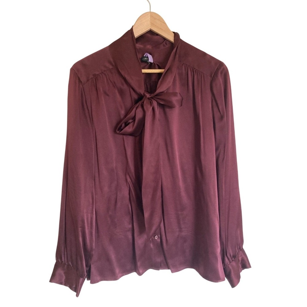 Talbots Women's Silk Tie-Neck Button Front Blouse Size 16 Burgundy Feminine‎